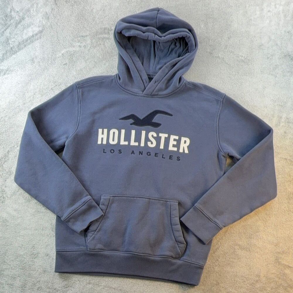 Hollister Men's Blue Pullover Hoodie Size S Fleece Logo Pockets Cotton Blend